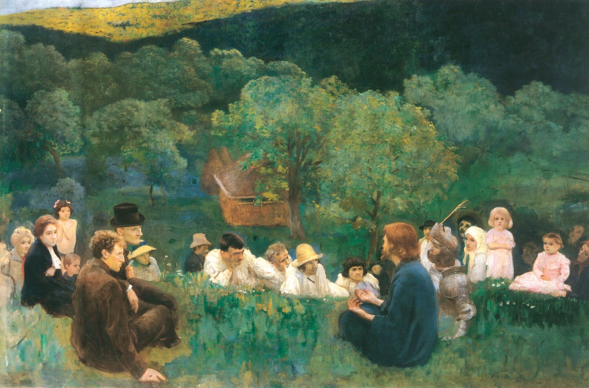 Ferenczy Károly: Hegyi beszéd (Nemzeti Galéria) című kép illusztrálja a boldogság/boldogtalanság témáját Jézus tanításán keresztül vizsgáló cikkünket